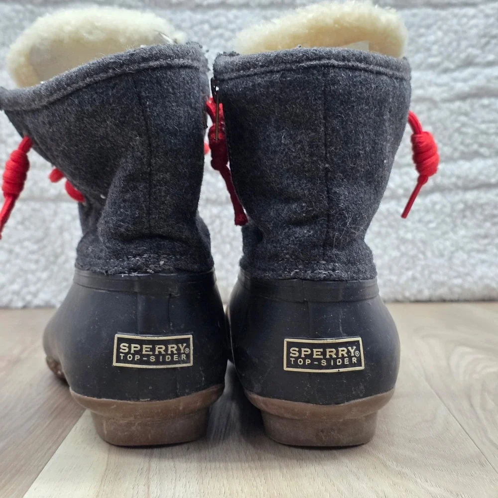 Sperry J.Crew Saltwater Duck Boots Wool Shearling Waterproof Grey Red 9 M Womens
